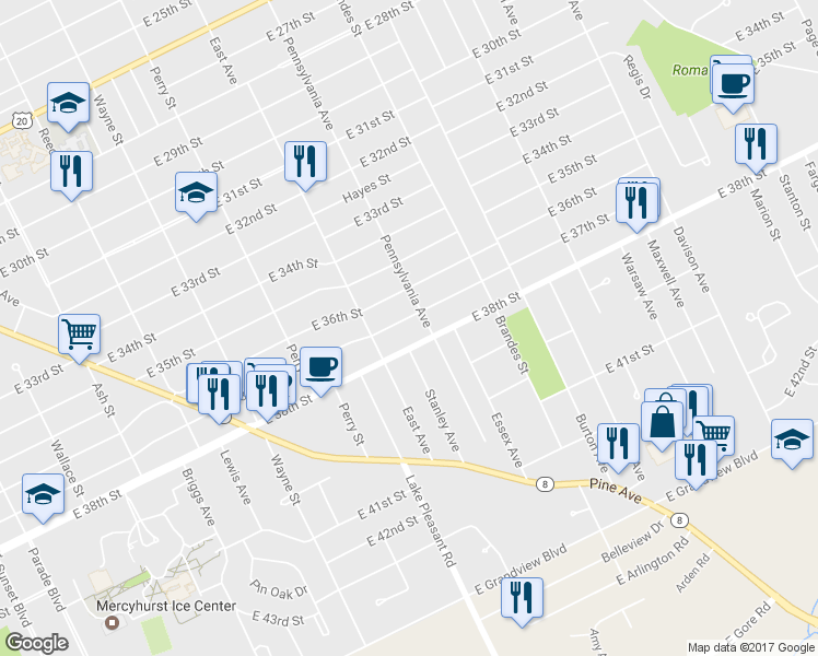 map of restaurants, bars, coffee shops, grocery stores, and more near 1054-1098 East 38th Street in Erie