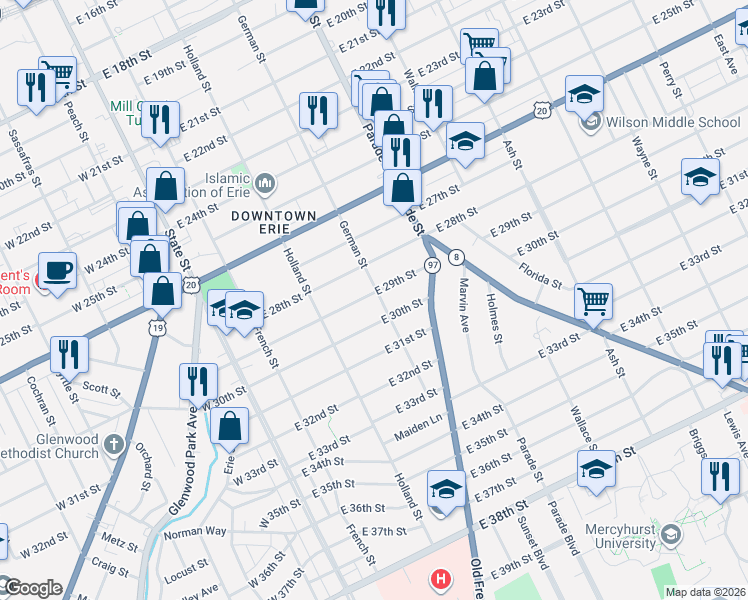 map of restaurants, bars, coffee shops, grocery stores, and more near 264 East 30th Street in Erie