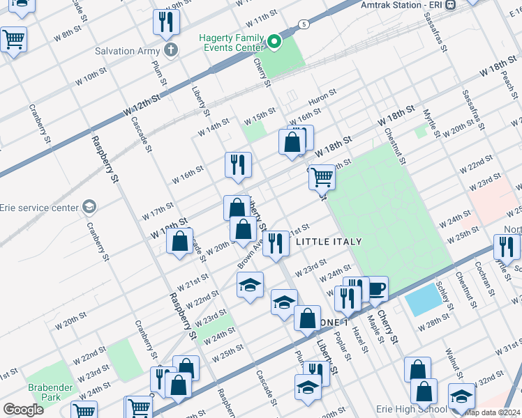 map of restaurants, bars, coffee shops, grocery stores, and more near 1943 Liberty Street in Erie