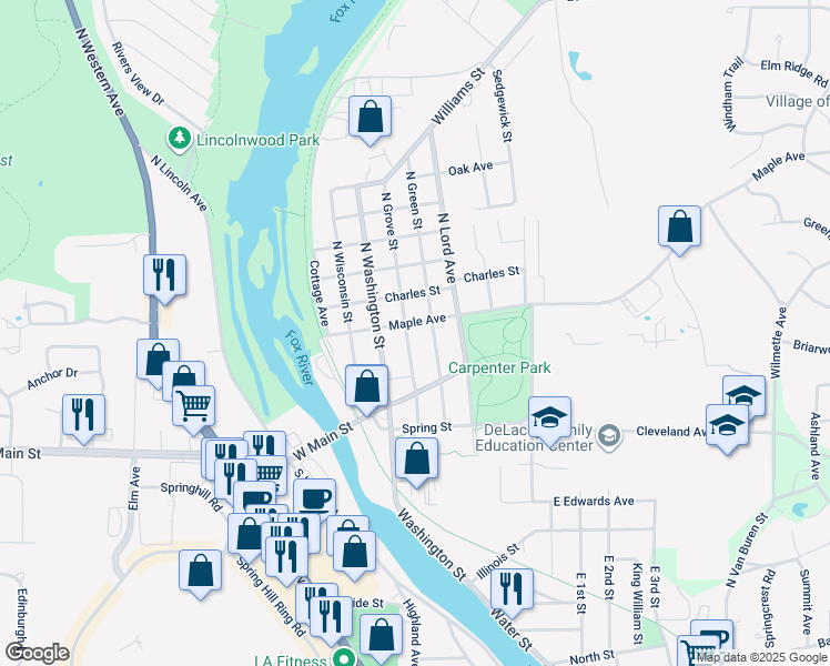 map of restaurants, bars, coffee shops, grocery stores, and more near 39 North Grove Street in Carpentersville