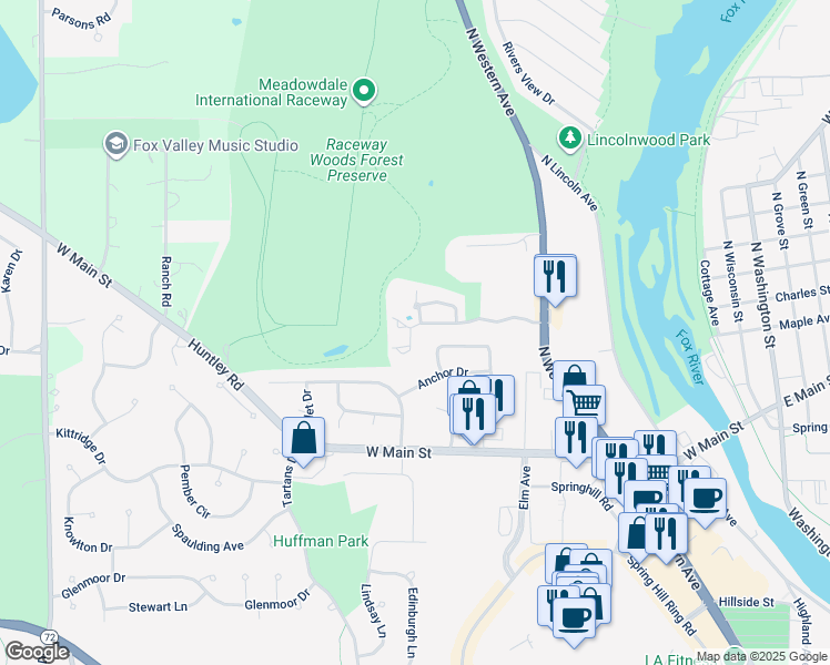 map of restaurants, bars, coffee shops, grocery stores, and more near 330 Spring Point Drive in Carpentersville
