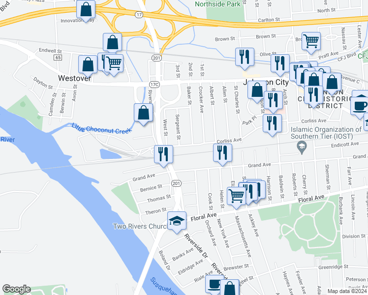map of restaurants, bars, coffee shops, grocery stores, and more near 304 Corliss Avenue in Johnson City