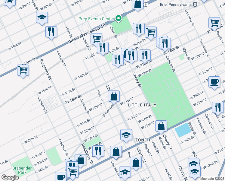 map of restaurants, bars, coffee shops, grocery stores, and more near 1943 Liberty Street in Erie