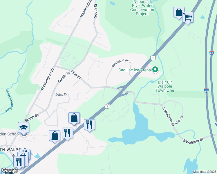map of restaurants, bars, coffee shops, grocery stores, and more near Pine Street in Walpole