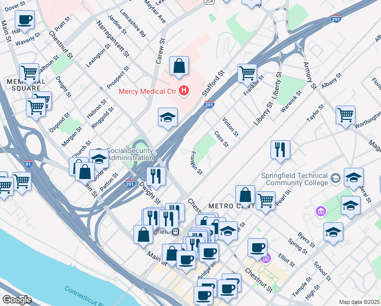 map of restaurants, bars, coffee shops, grocery stores, and more near 35 Saab Court in Springfield