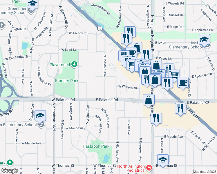 map of restaurants, bars, coffee shops, grocery stores, and more near 1909 North Chestnut Avenue in Arlington Heights