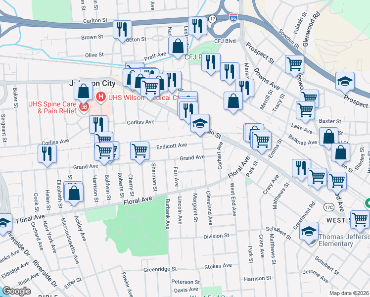 map of restaurants, bars, coffee shops, grocery stores, and more near 71 Grand Avenue in Johnson City