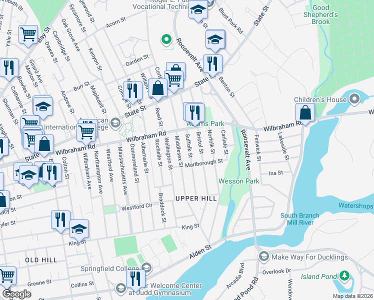 map of restaurants, bars, coffee shops, grocery stores, and more near 66 Suffolk Street in Springfield