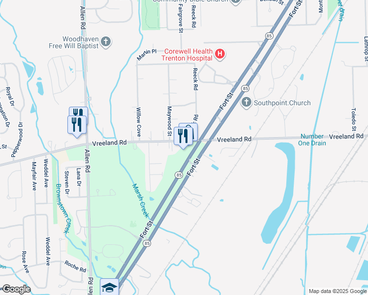 map of restaurants, bars, coffee shops, grocery stores, and more near 27236 Fort Street in Brownstown Charter Township