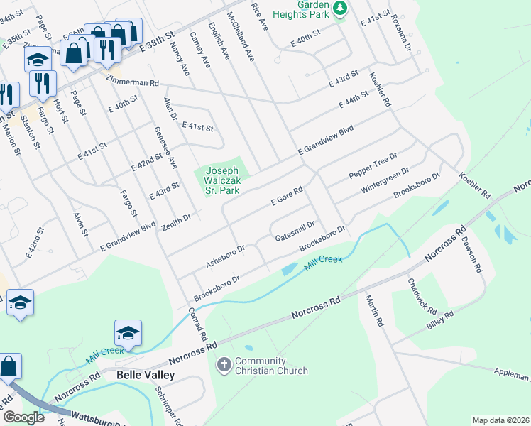 map of restaurants, bars, coffee shops, grocery stores, and more near 2143 E Gore Rd in Erie