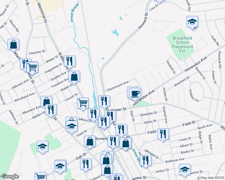 map of restaurants, bars, coffee shops, grocery stores, and more near 25 Claremount Avenue in Brockton