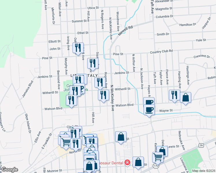 map of restaurants, bars, coffee shops, grocery stores, and more near 129 North McKinley Avenue in Endicott