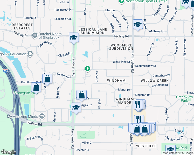 map of restaurants, bars, coffee shops, grocery stores, and more near Cedar Court in Northbrook