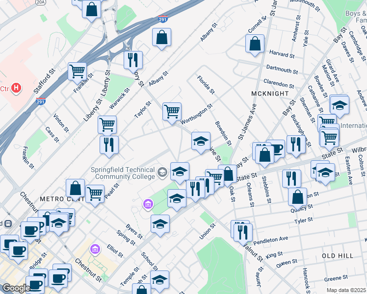 map of restaurants, bars, coffee shops, grocery stores, and more near 9 Armory Street in Springfield
