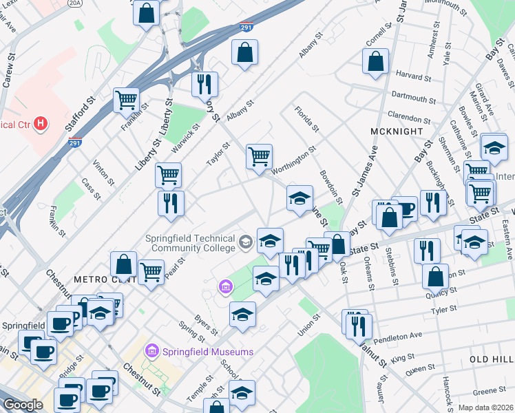 map of restaurants, bars, coffee shops, grocery stores, and more near 9 Armory Street in Springfield