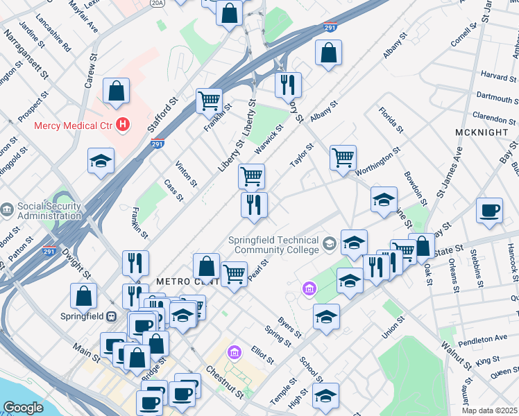 map of restaurants, bars, coffee shops, grocery stores, and more near 359-361 Taylor Street in Springfield