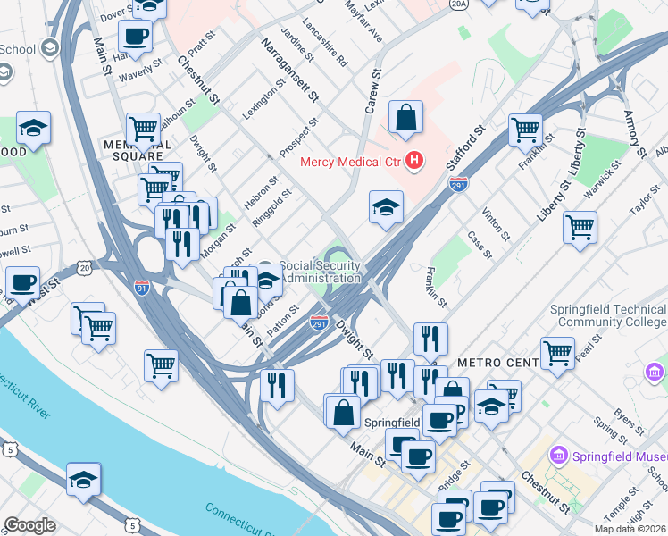 map of restaurants, bars, coffee shops, grocery stores, and more near Chestnut St in Springfield