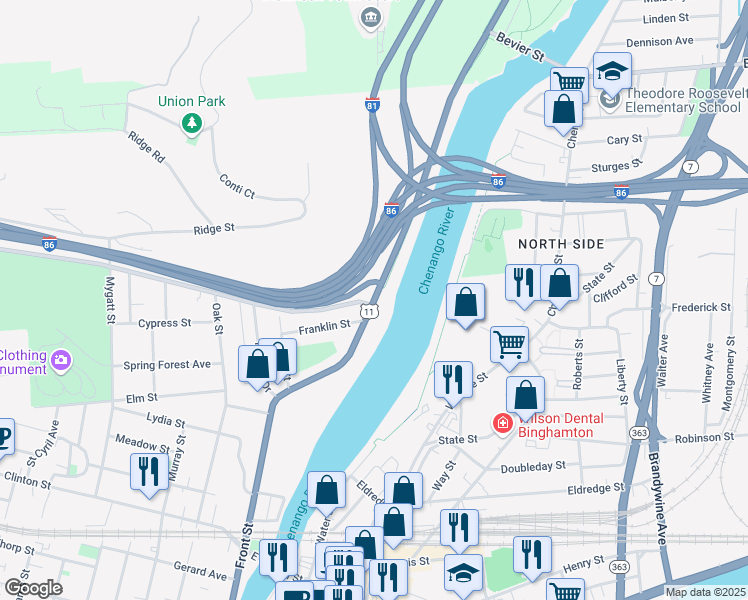 map of restaurants, bars, coffee shops, grocery stores, and more near Front Street in Binghamton