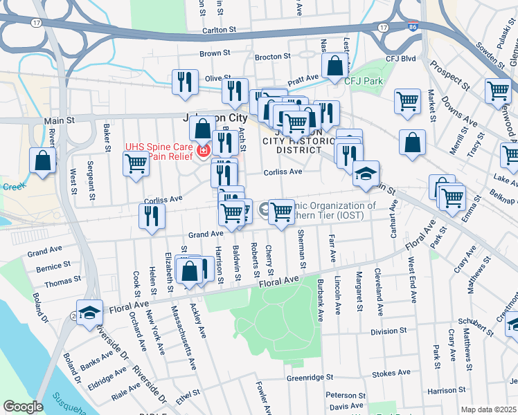 map of restaurants, bars, coffee shops, grocery stores, and more near 161 Grand Avenue in Johnson City