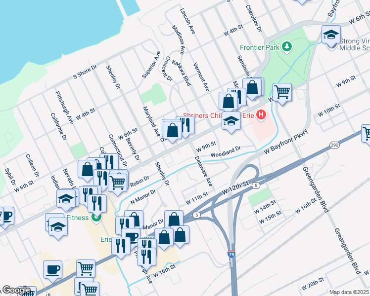 map of restaurants, bars, coffee shops, grocery stores, and more near 1939 W 8th St in Erie