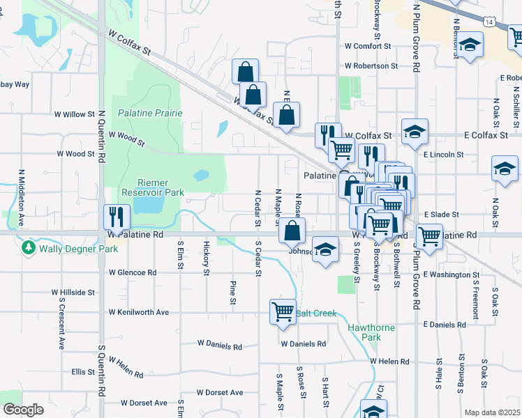 map of restaurants, bars, coffee shops, grocery stores, and more near 349 West Slade Street in Palatine