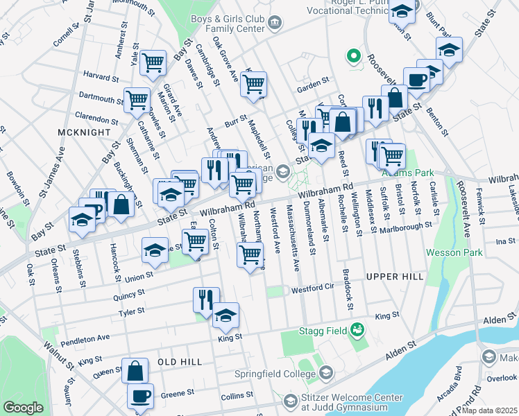 map of restaurants, bars, coffee shops, grocery stores, and more near 5 Northampton Avenue in Springfield