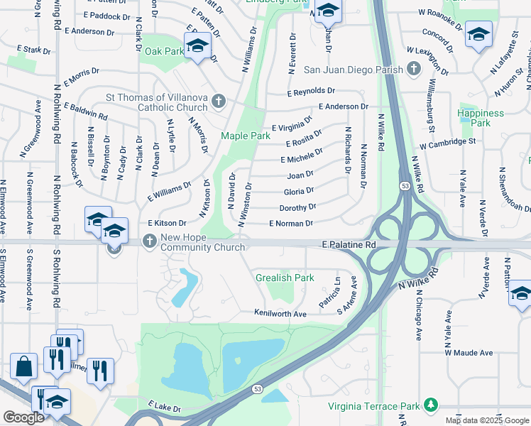 map of restaurants, bars, coffee shops, grocery stores, and more near 1327 East Norman Drive in Palatine
