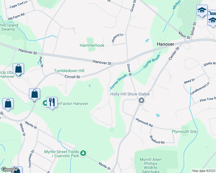 map of restaurants, bars, coffee shops, grocery stores, and more near 76 Hillside Drive in Hanover