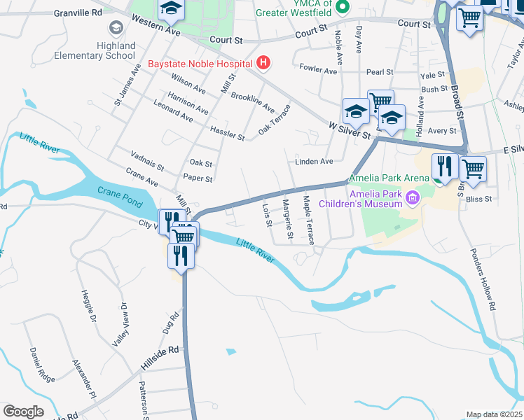 map of restaurants, bars, coffee shops, grocery stores, and more near 3 Lois Street in Westfield