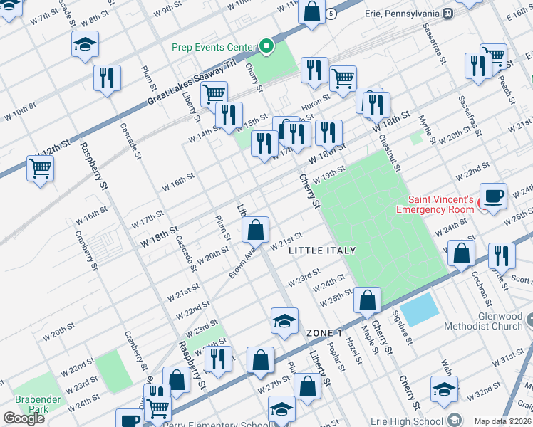 map of restaurants, bars, coffee shops, grocery stores, and more near 709 Brown Avenue in Erie