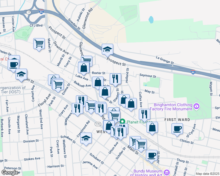 map of restaurants, bars, coffee shops, grocery stores, and more near 26 Hazel Street in Binghamton