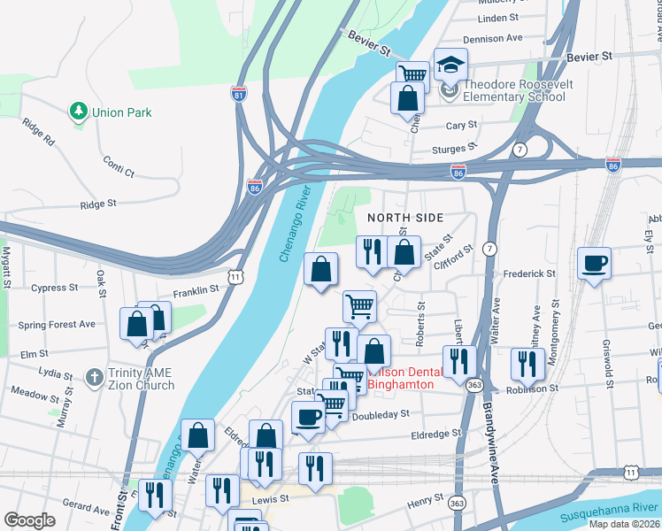 map of restaurants, bars, coffee shops, grocery stores, and more near 33 West State Street in Binghamton