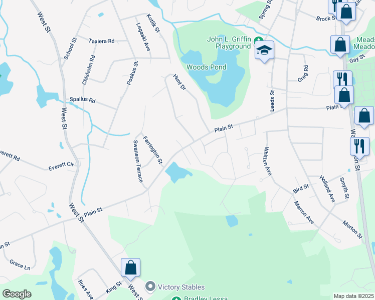 map of restaurants, bars, coffee shops, grocery stores, and more near 420 Plain Street in Stoughton