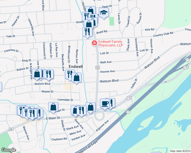 map of restaurants, bars, coffee shops, grocery stores, and more near in Endwell