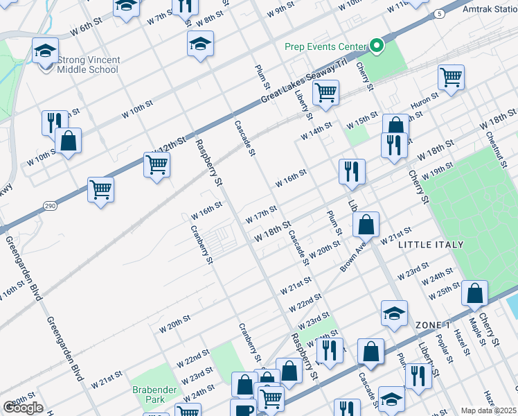map of restaurants, bars, coffee shops, grocery stores, and more near 1621 Raspberry Street in Erie