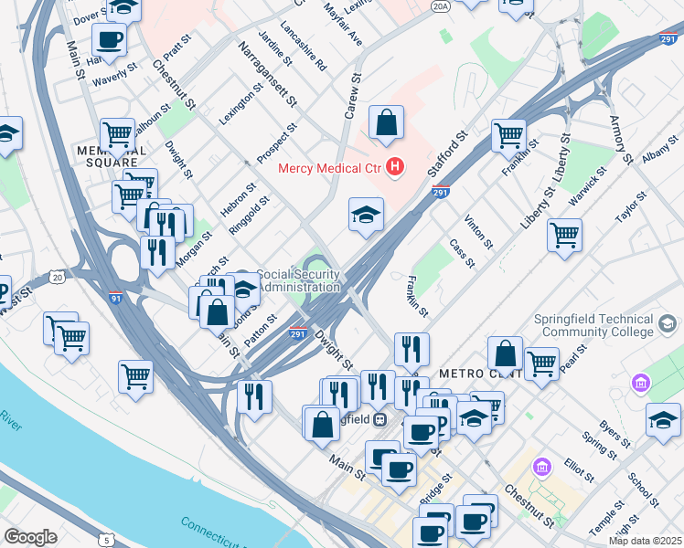 map of restaurants, bars, coffee shops, grocery stores, and more near 371 Chestnut Street in Springfield