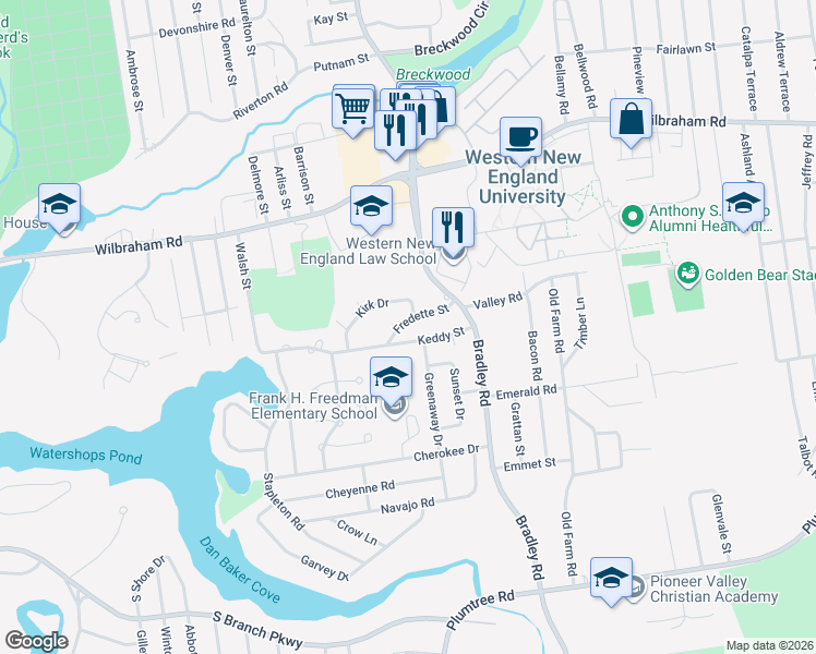 map of restaurants, bars, coffee shops, grocery stores, and more near 85 Keddy Street in Springfield