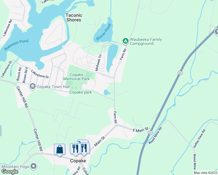 map of restaurants, bars, coffee shops, grocery stores, and more near 60 Farm Road in Copake Falls