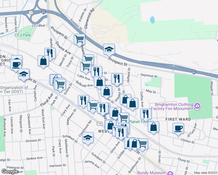 map of restaurants, bars, coffee shops, grocery stores, and more near 356 Clinton Street in Binghamton