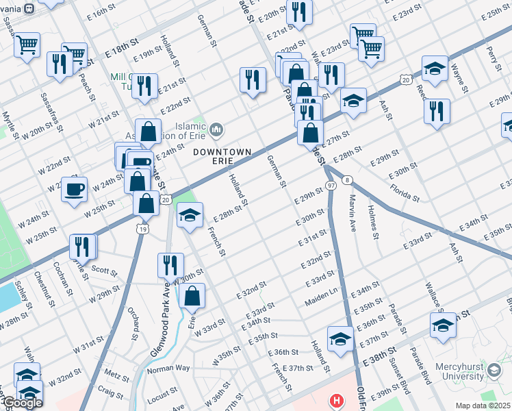 map of restaurants, bars, coffee shops, grocery stores, and more near 2822 Holland Street in Erie