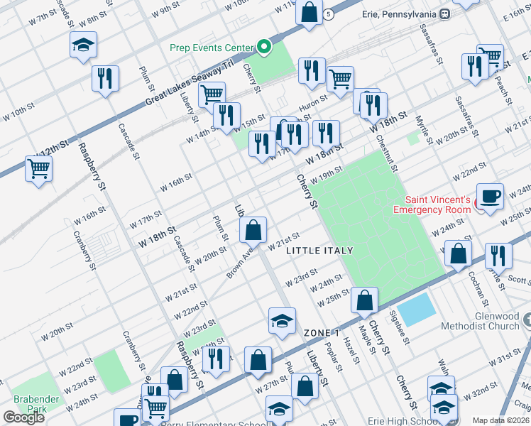 map of restaurants, bars, coffee shops, grocery stores, and more near 709 Brown Avenue in Erie