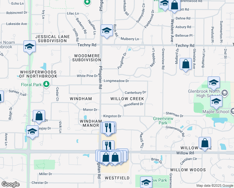 map of restaurants, bars, coffee shops, grocery stores, and more near 2290 Wood Drive in Northbrook