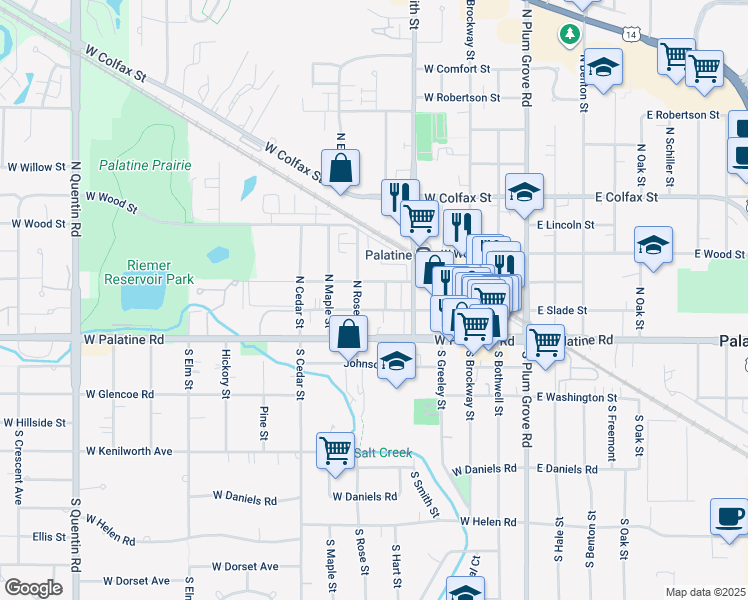 map of restaurants, bars, coffee shops, grocery stores, and more near 237 West Slade Street in Palatine