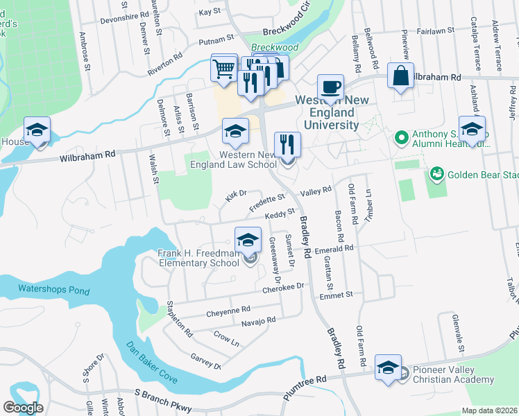 map of restaurants, bars, coffee shops, grocery stores, and more near 85 Keddy Street in Springfield