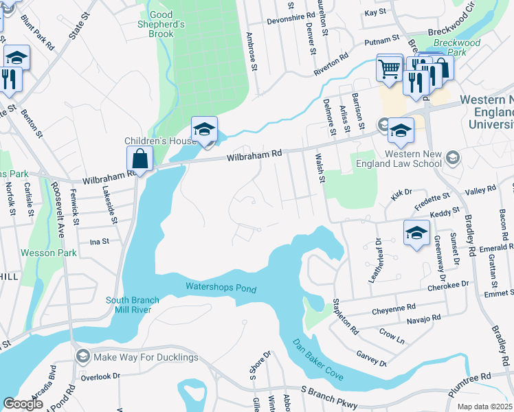 map of restaurants, bars, coffee shops, grocery stores, and more near 807 Wilbraham Road in Springfield