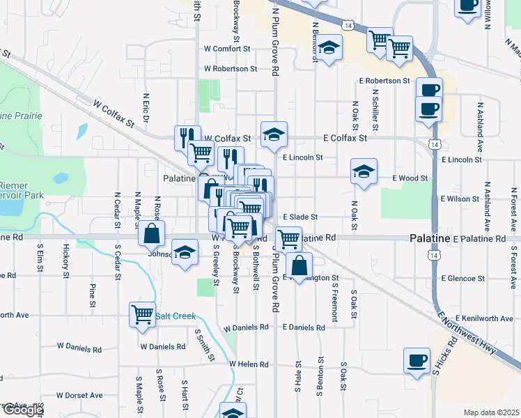 map of restaurants, bars, coffee shops, grocery stores, and more near 24 West Station Street in Palatine
