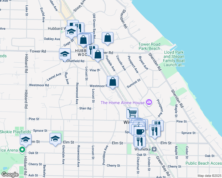 map of restaurants, bars, coffee shops, grocery stores, and more near 707 Walden Road in Winnetka
