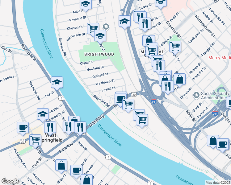 map of restaurants, bars, coffee shops, grocery stores, and more near 52 West Street in Springfield