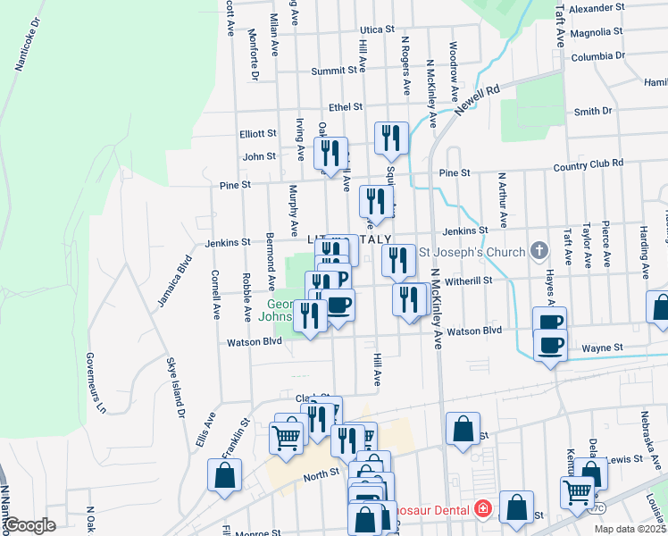 map of restaurants, bars, coffee shops, grocery stores, and more near 210 Oak Hill Avenue in Endicott