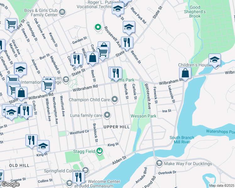 map of restaurants, bars, coffee shops, grocery stores, and more near 66 Suffolk Street in Springfield